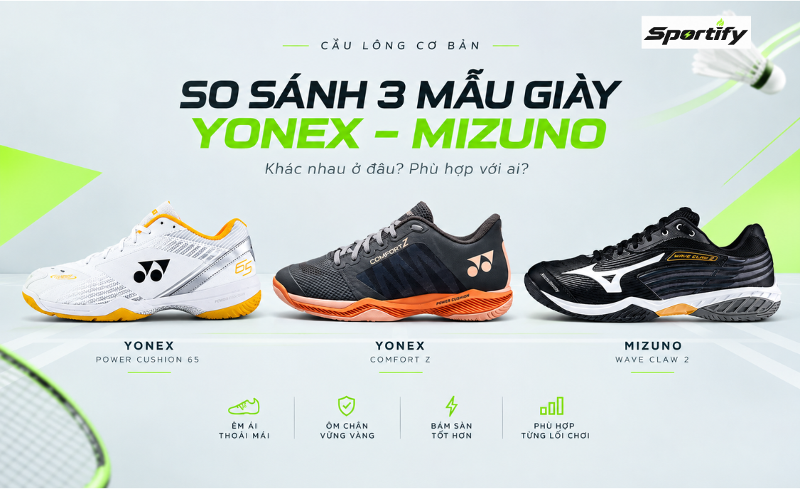 So sánh 3 giày cầu lông Yonex 65Z3, Wave Claw 2, Comfort Z3.
